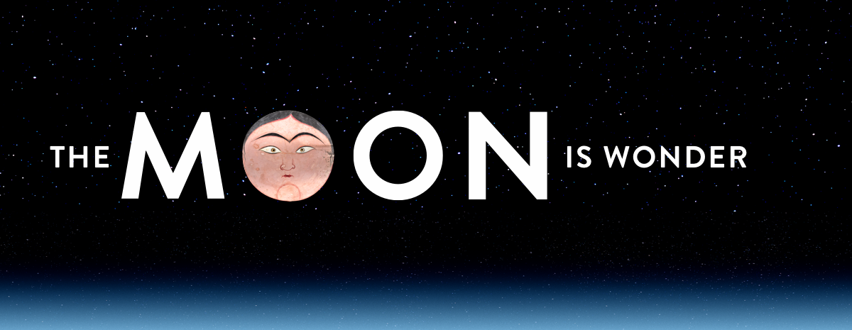 “The Moon is Wonder" is written across the night sky and the second “o” in Moon features a female face.
